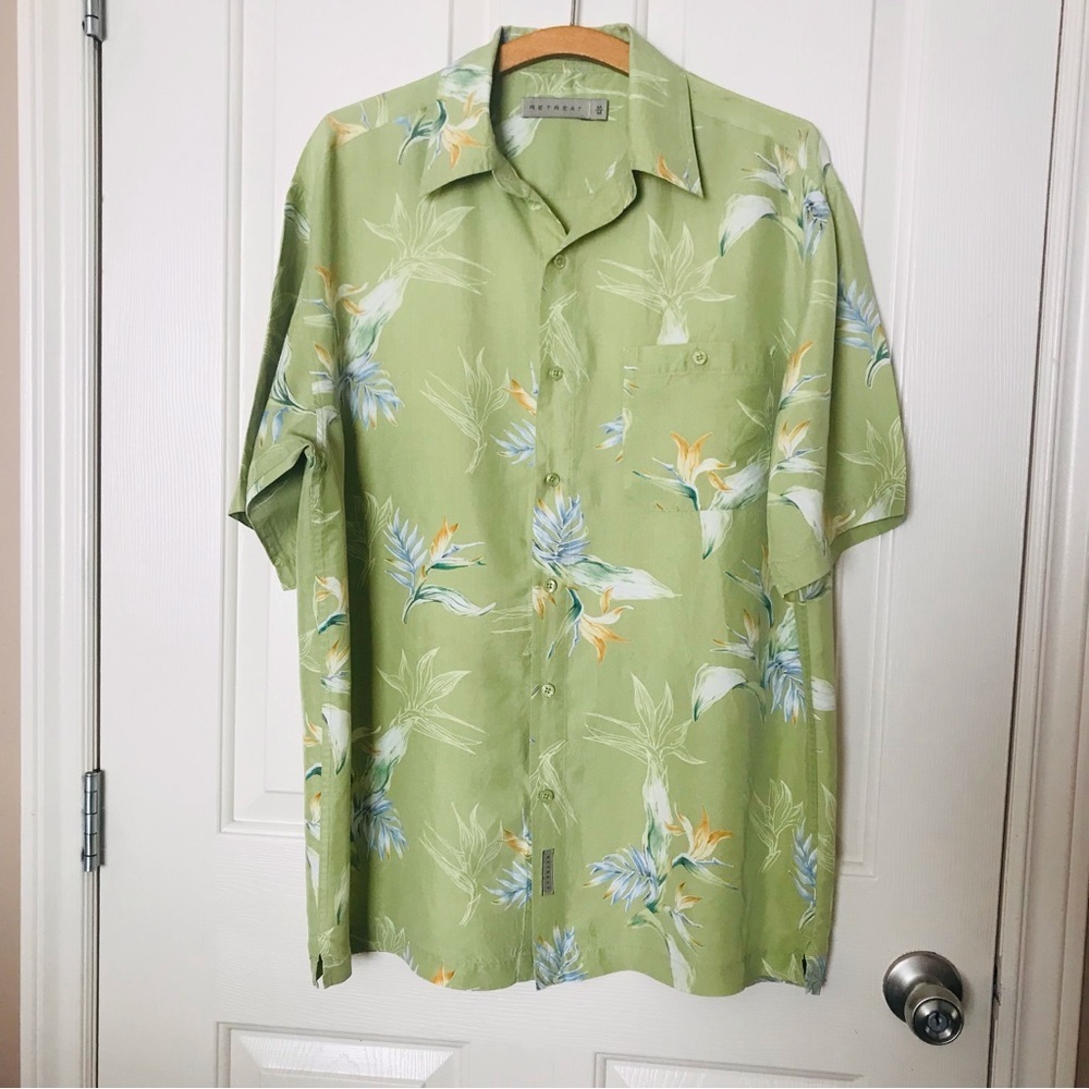 RETREAT 100% Silk Green Tropical Print Men's Shirt Size Medium